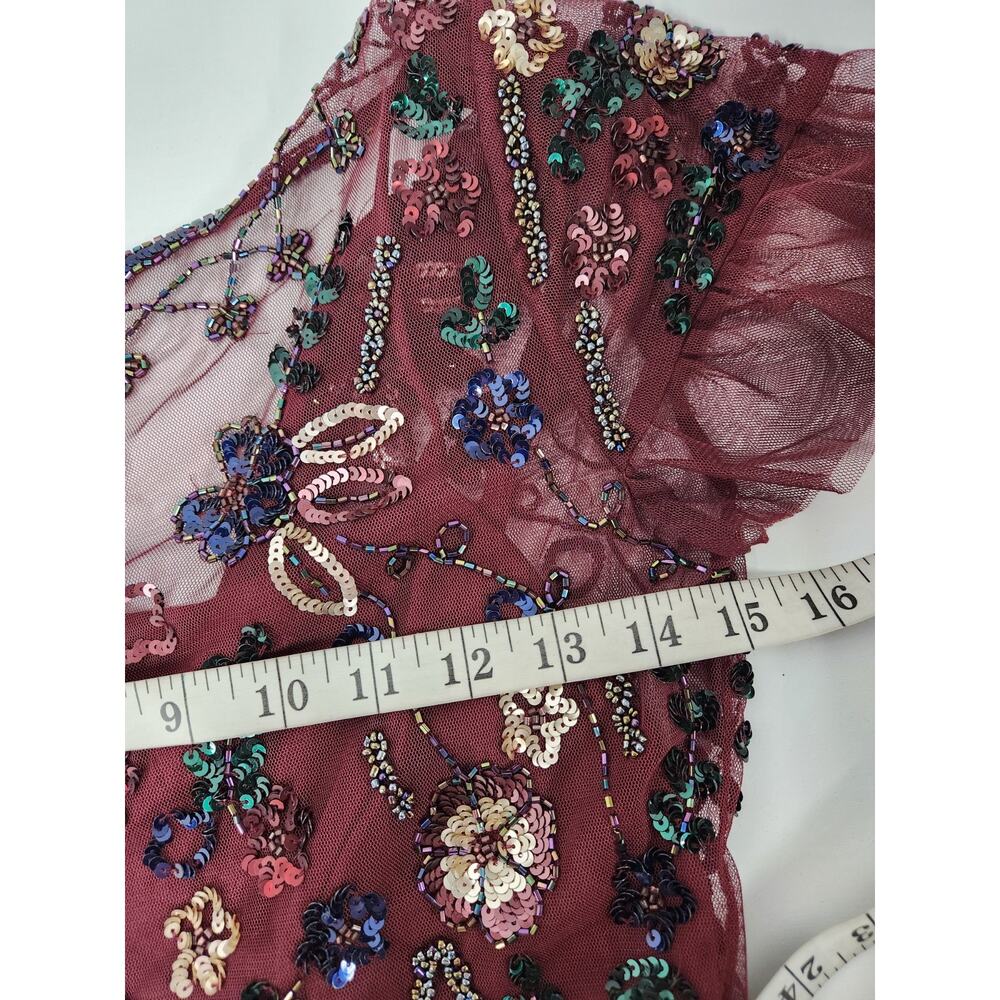 Gianni Bini Women's Wendy Burgundy Sequin Mesh Embroidered Floral Dress, Size 0 - Picture 9 of 14